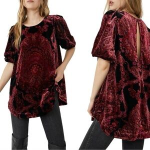 Free People Maye Print Puff Sleeve Velvet Tunic Top Size XS